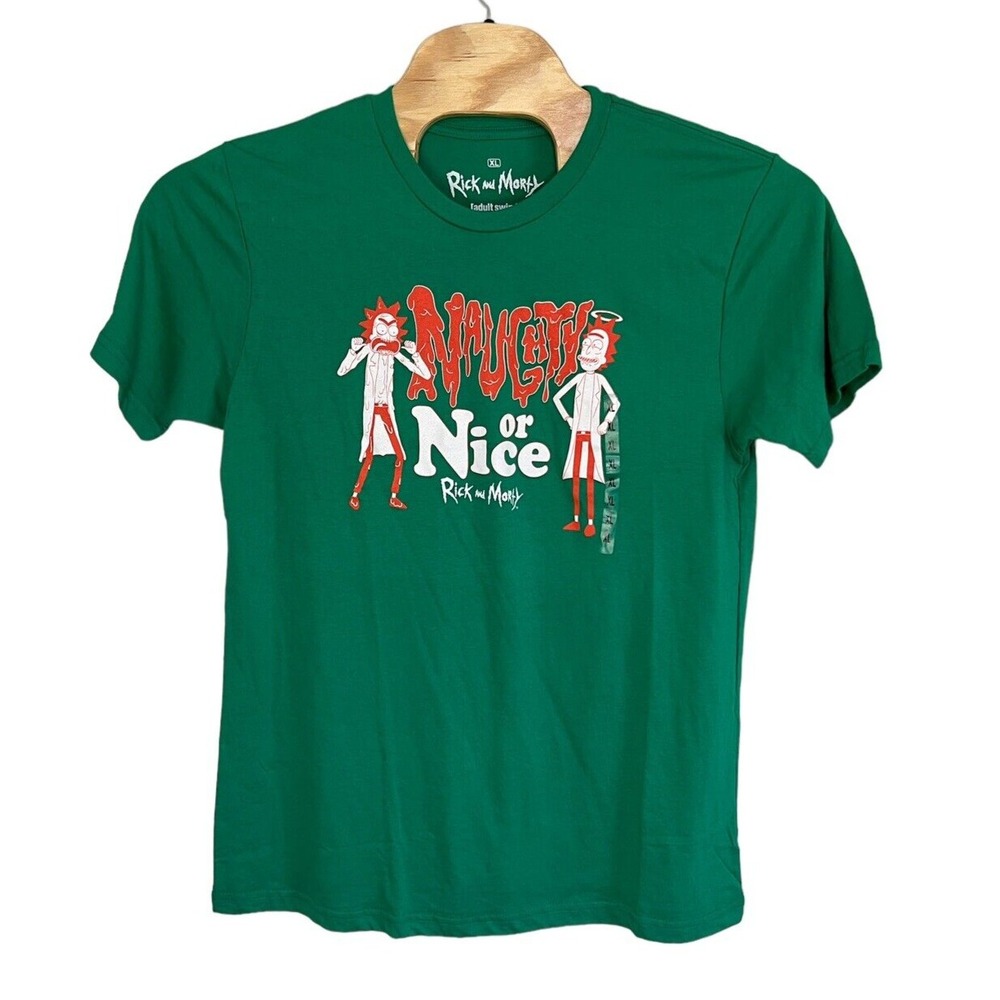 Rick and Morty T-Shirt XL Green Naughty or Nice Adult Swim Graphic Tee